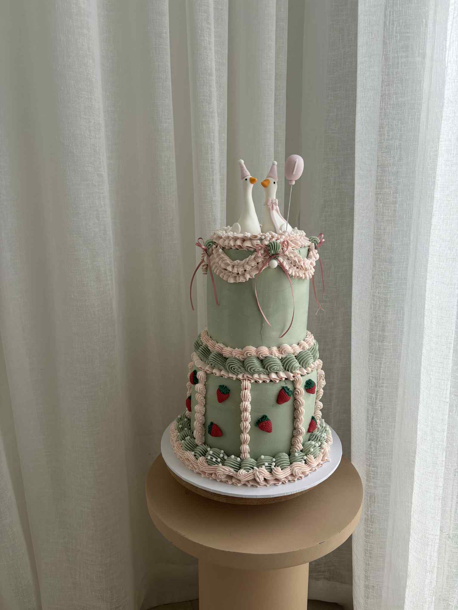 Sage Green Swan Cake with Strawberries